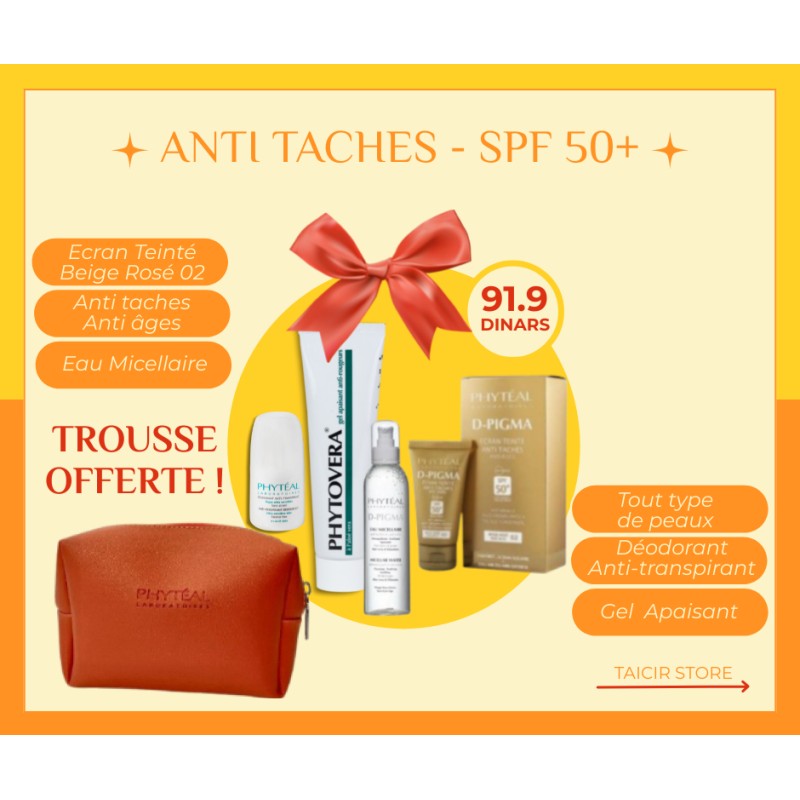 Écran D-Pigma Beige rosé + Déo + Eau micellaire + Gel aloe vera +  Trousse -Phytèal