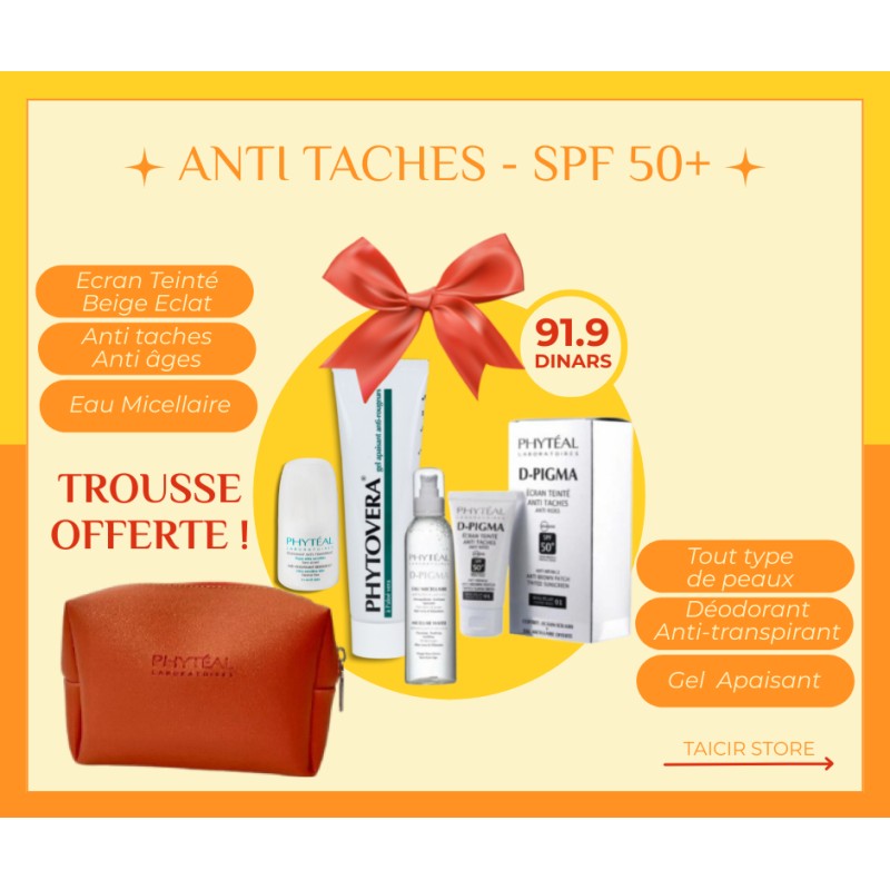 Écran D-Pigma Beige éclat + Déo + Eau micellaire + Gel aloe vera +  Trousse -Phytèal