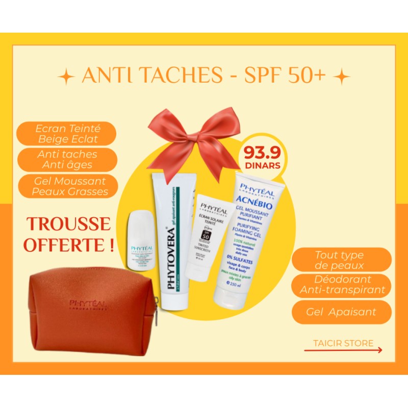 Écran Beige éclat+ Déo + Gel nettoyant+ Gel aloe vera +  Trousse -Phytèal