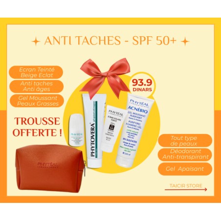 Écran Beige éclat+ Déo + Gel nettoyant+ Gel aloe vera +  Trousse -Phytèal