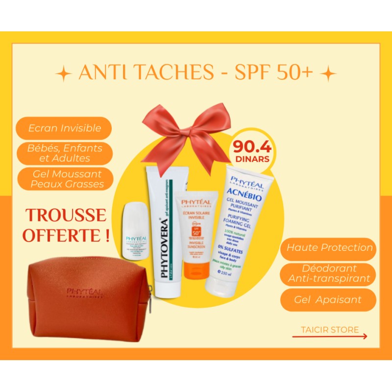 Écran invisible + Déo + Gel nettoyant + Gel aloe vera + Trousse -Phytèal