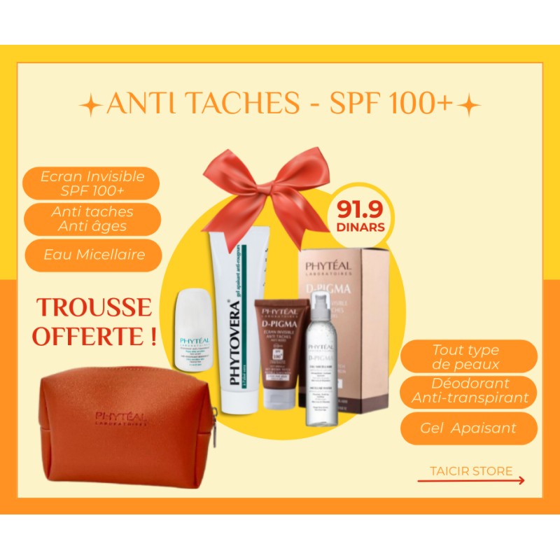 Écran D-Pigma Invisible + Déo + Eau micellaire + Gel aloe vera +  Trousse -Phytèal